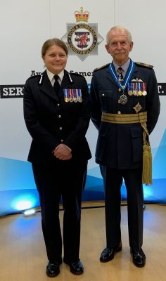 25 January 2023 – with Chief Constable Sarah Crew, Avon & Somerset Police, at an awards ceremony where she recognised 34 police officers and staff for outstanding transformative work during Op Bluestone.  Sarah later received a High Sheriff’s Award for exceptional leadership.   