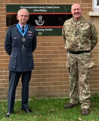 25 February 2023 – Visit to the Army Cadet Centre in Cinderford to view a cadet training weekend.  Here with Major Alan Brewster, OC C Company Gloucestershire ACF (The Rifles)